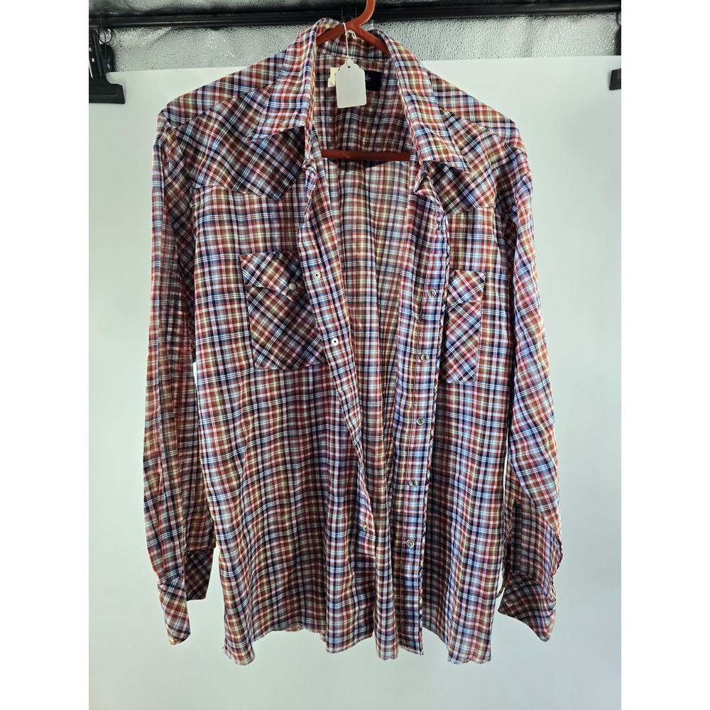 Vintage Wrangler Western Pearl Snap Plaid Shirt Mens XL Red‎ Blue Made in Korea